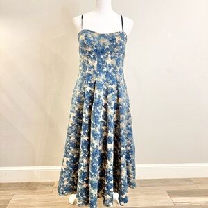Dsixsix M Floral Dress in Blue adjustable spaghetti straps lined pearl accents